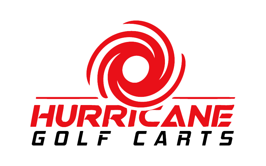 Hurricane Golf Carts logo with red hurricane swirl and bold lettering.