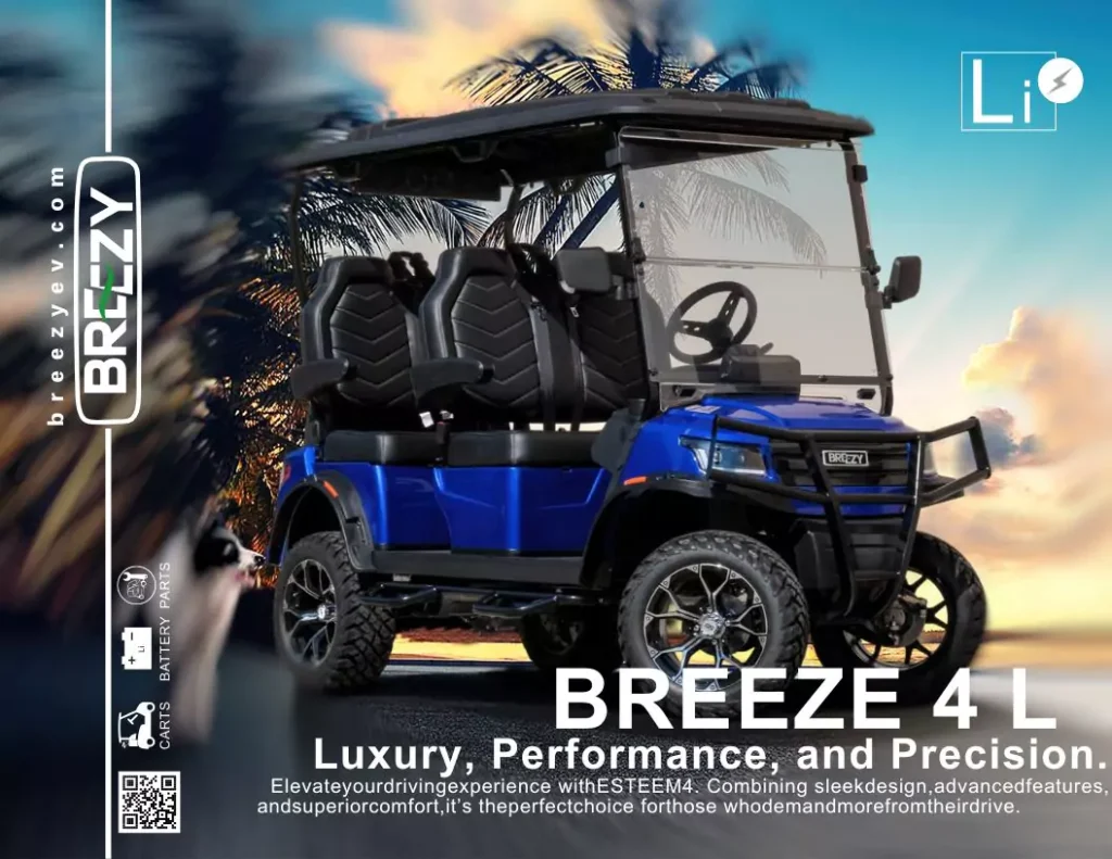 Breeze 4L luxury electric golf cart in blue featuring premium seating, advanced styling, and rugged performance, displayed in a palm-tree sunset setting.