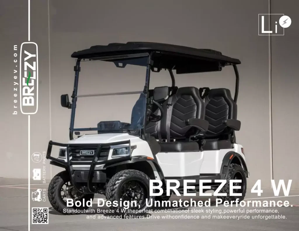 Breezy 4W electric golf cart with bold design, white body, black premium seats, rugged tires, and front brush guard shown in promotional image from BreezyEV.
