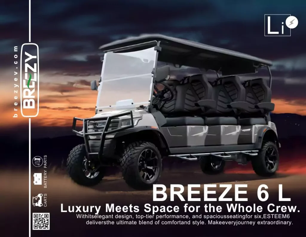 Breeze 6 L electric golf cart in silver with six premium seats, heavy-duty off-road tires, full windshield, and luxury design shown at sunset—Breezy EV promotional image.