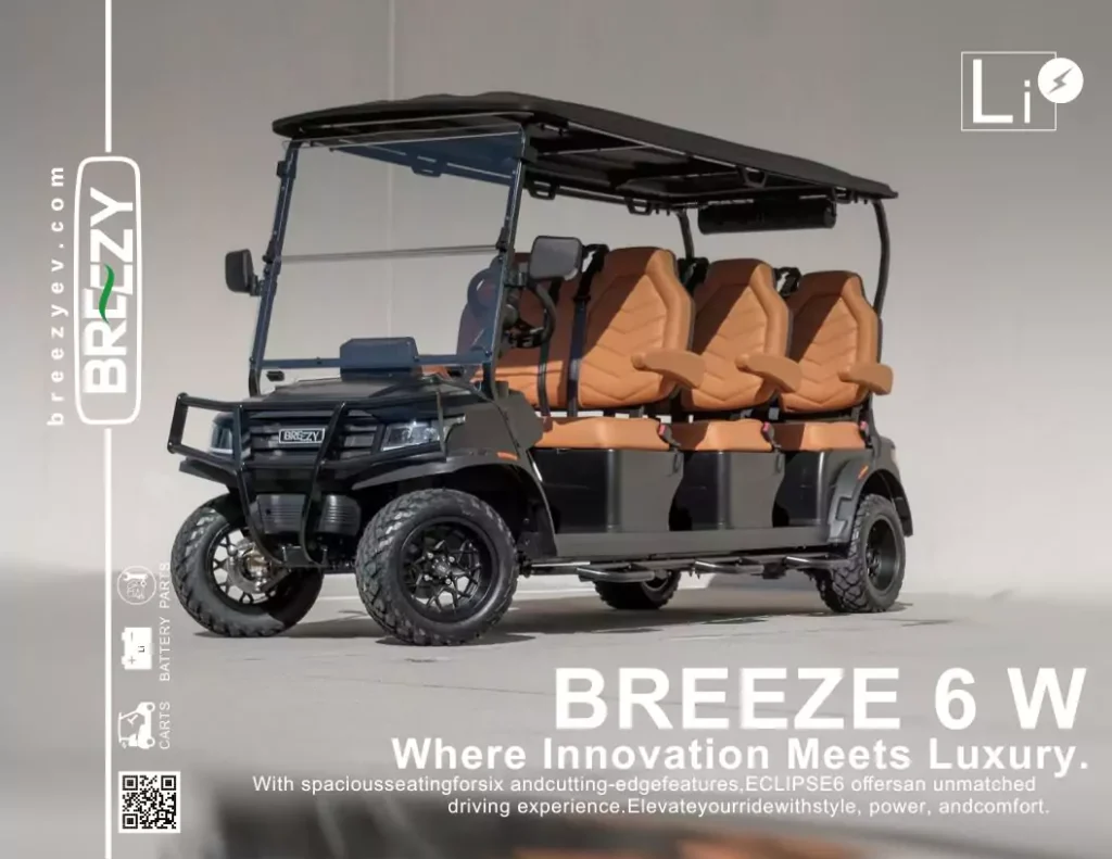 Breeze 6 W electric golf cart in black with six tan luxury captain seats, extended roof, rugged tires, and modern LED styling, showcased indoors as a premium six-passenger vehicle.