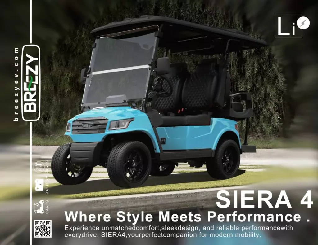 Breezy Siera 4 electric golf cart in blue with black premium seats, safety mirrors, full windshield, and rugged wheels—ideal for residential and commercial use.