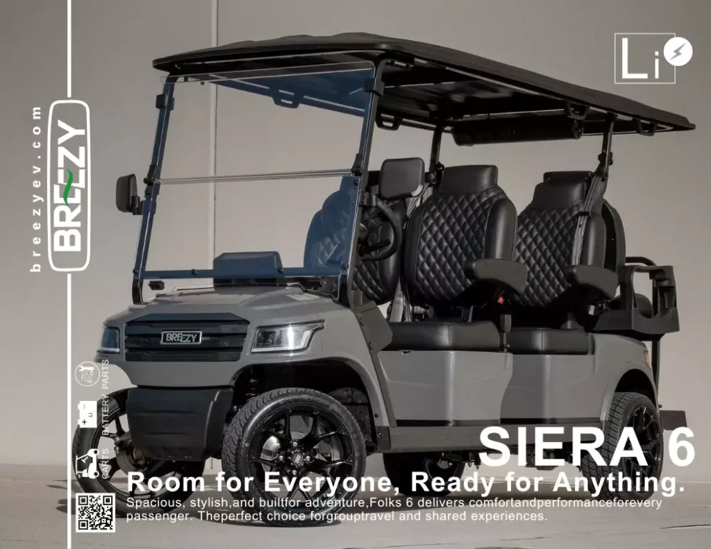 Breezy Siera 6 six-passenger electric cart with luxury seating, upgraded wheels, extended canopy, and modern front-end design.