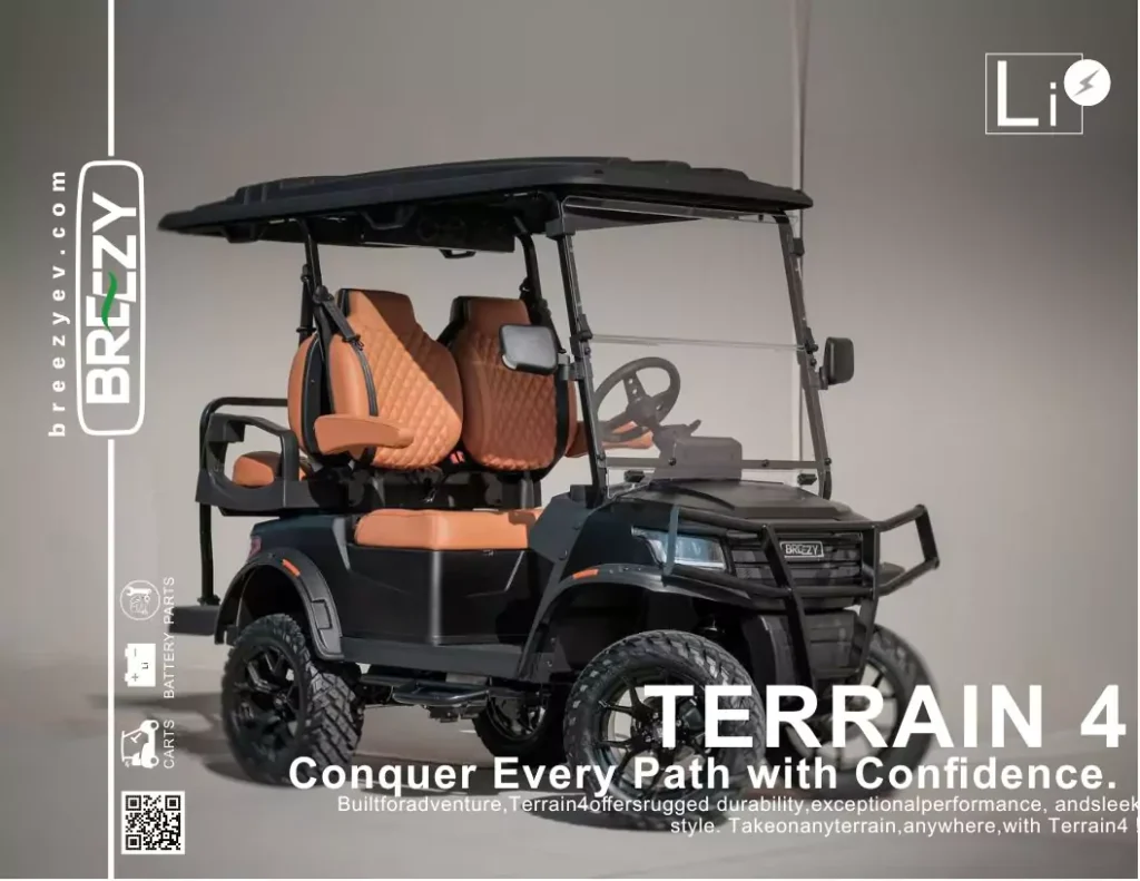 Terrain 4 lifted electric golf cart with heavy-duty tires, brush guard, premium tan diamond seats, and off-road performance features.