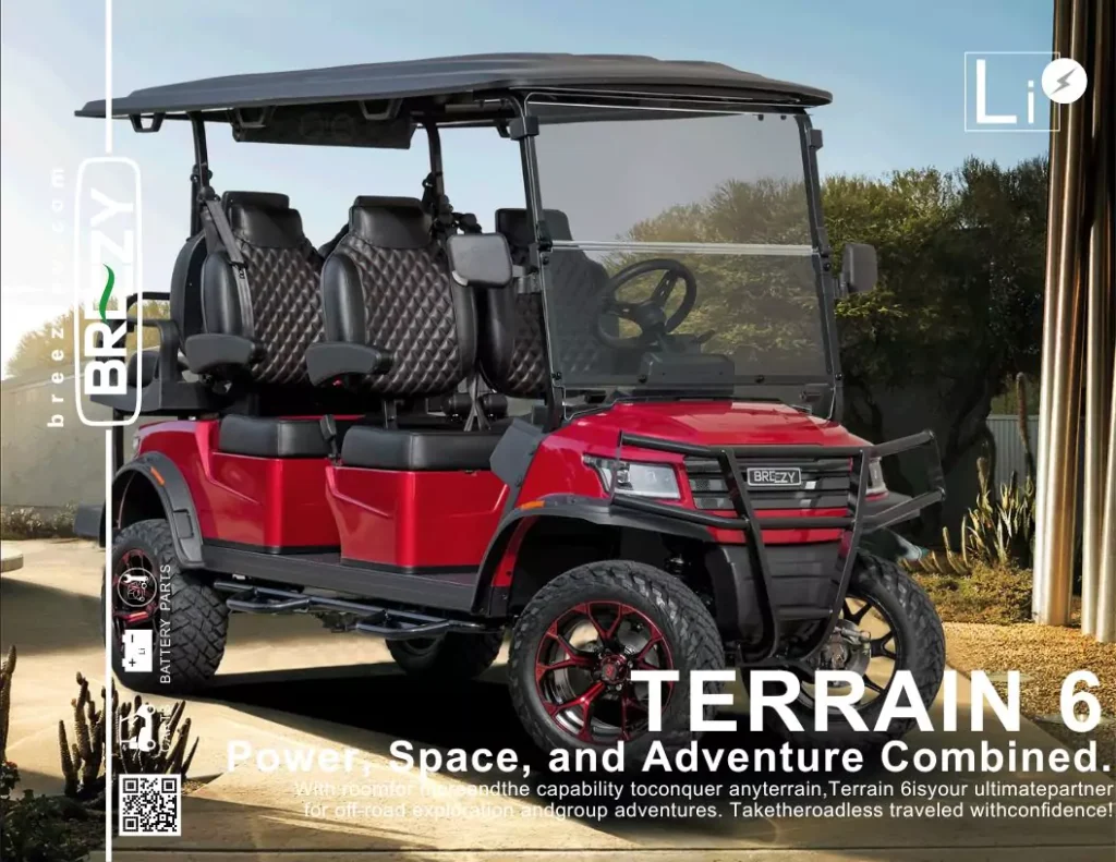Premium red Breezy Terrain 6 electric golf cart with 6-person seating, off-road tires, diamond-stitched upholstery, lifted suspension, and heavy-duty front guard.
