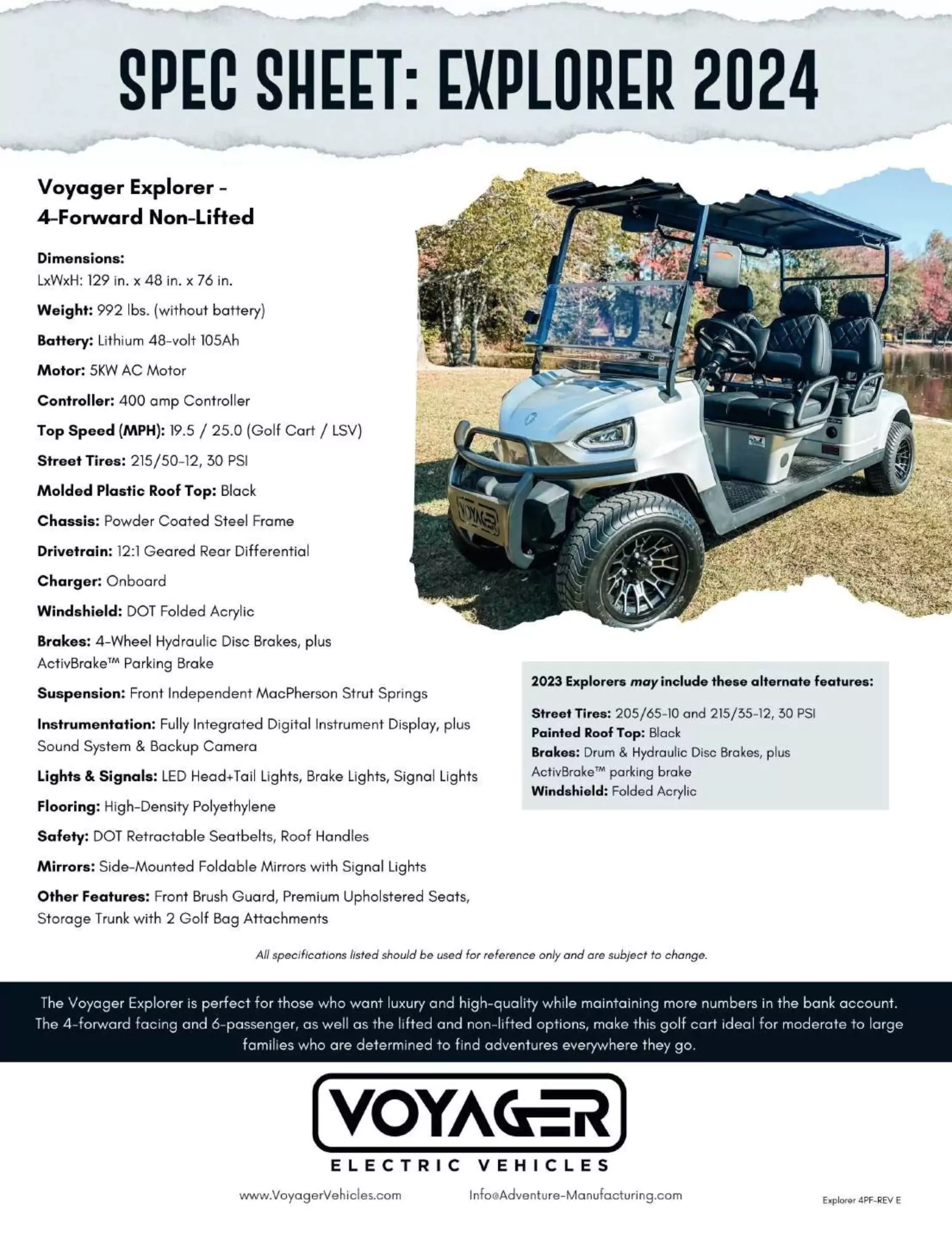 Voyager Explorer 2024 non-lifted 4-forward golf cart spec sheet featuring silver model with 105Ah lithium battery, 5kW AC motor, hydraulic disc brakes, MacPherson strut suspension, and premium seating.