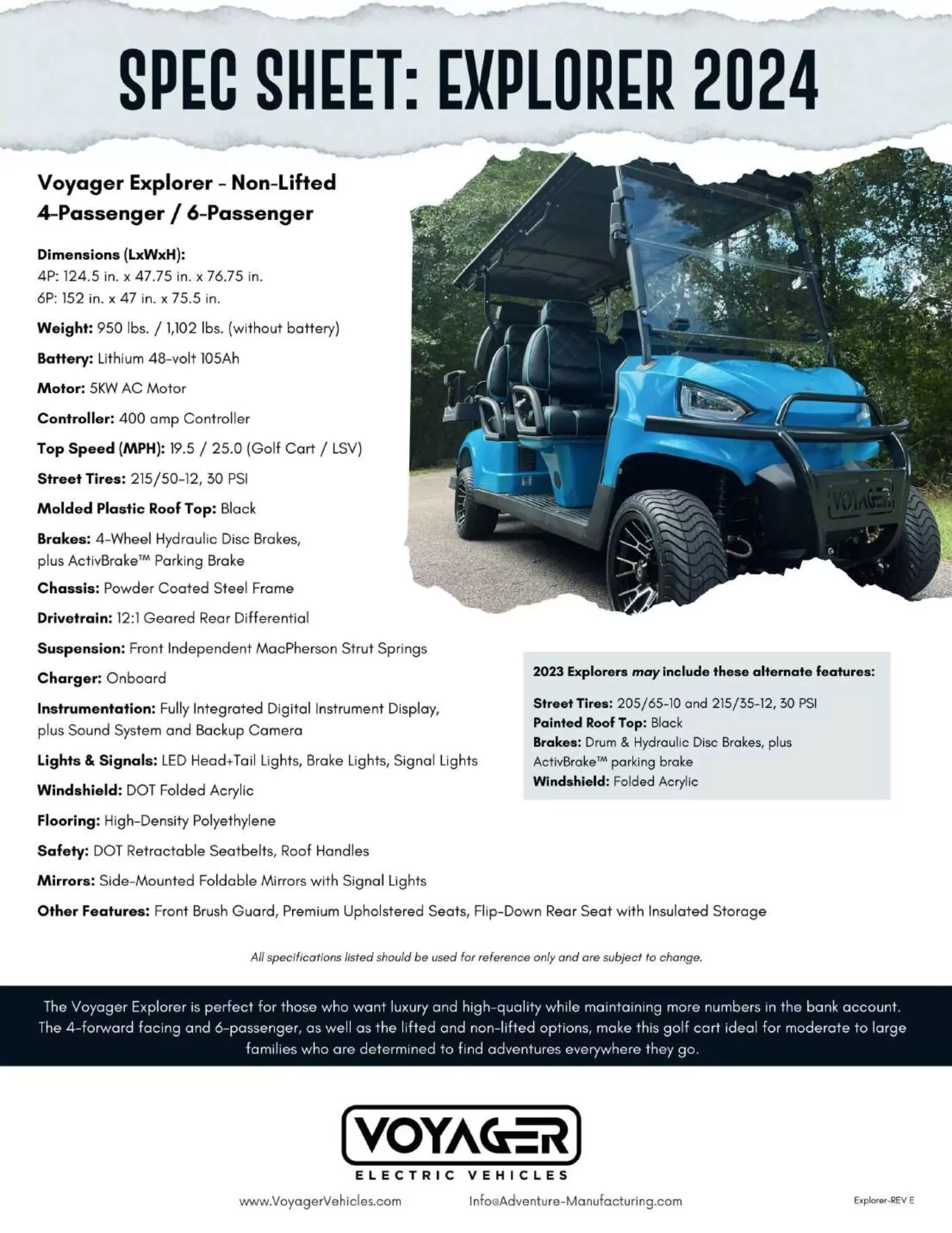 Voyager Explorer 2024 non-lifted spec sheet displaying blue 4- or 6-passenger model with lithium battery power, premium seating, front brush guard, LED lighting, hydraulic brakes, and MacPherson suspension.