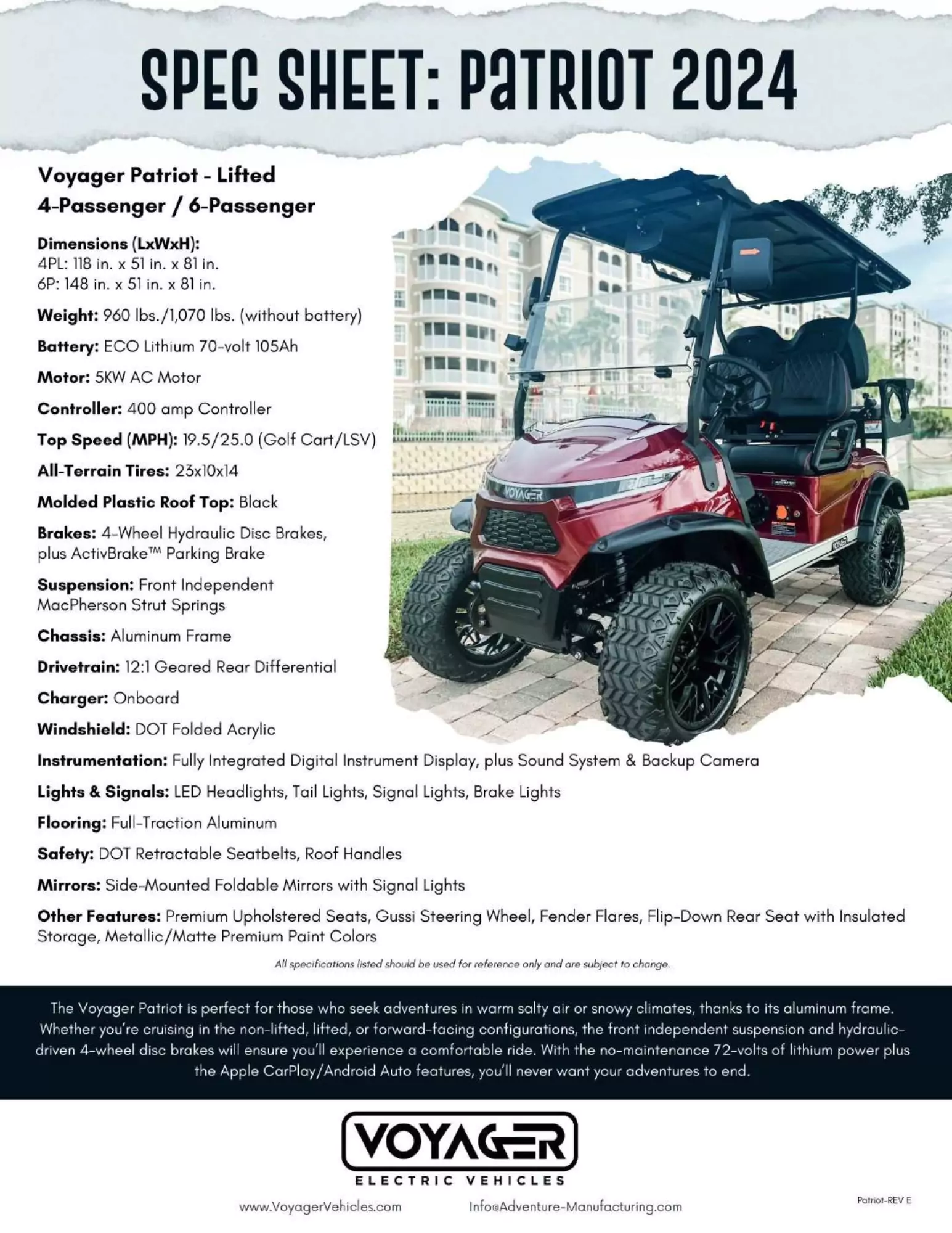Voyager Patriot 2024 lifted golf cart spec sheet showing red 4-passenger/6-passenger model with off-road tires, aluminum frame, 5kW AC motor, 70-volt lithium battery, and MacPherson suspension.