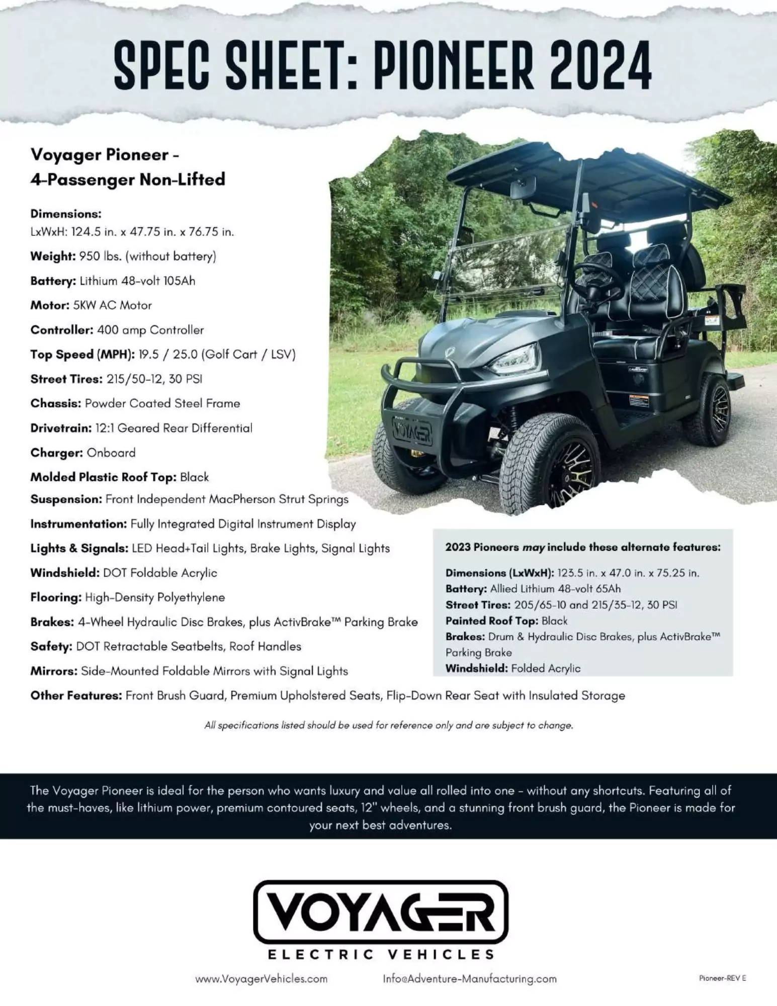 2024 Voyager Pioneer non-lifted golf cart spec sheet with black 4-passenger model and listed features.