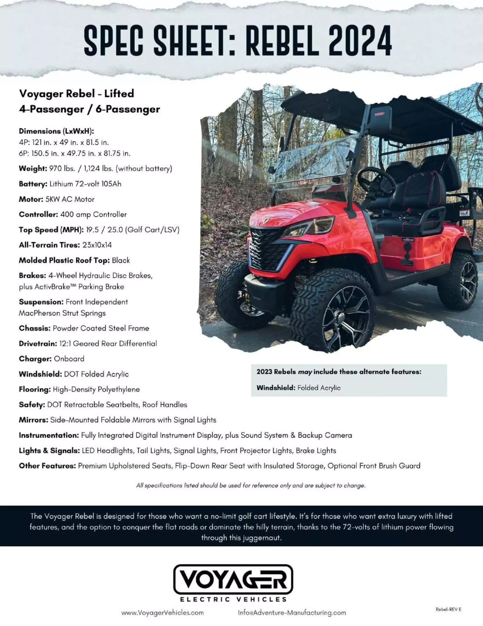 Voyager Rebel 2024 lifted golf cart spec sheet showing red 4-passenger/6-passenger model with off-road tires, 72-volt lithium battery, 5kW AC motor, MacPherson suspension, and premium seating.