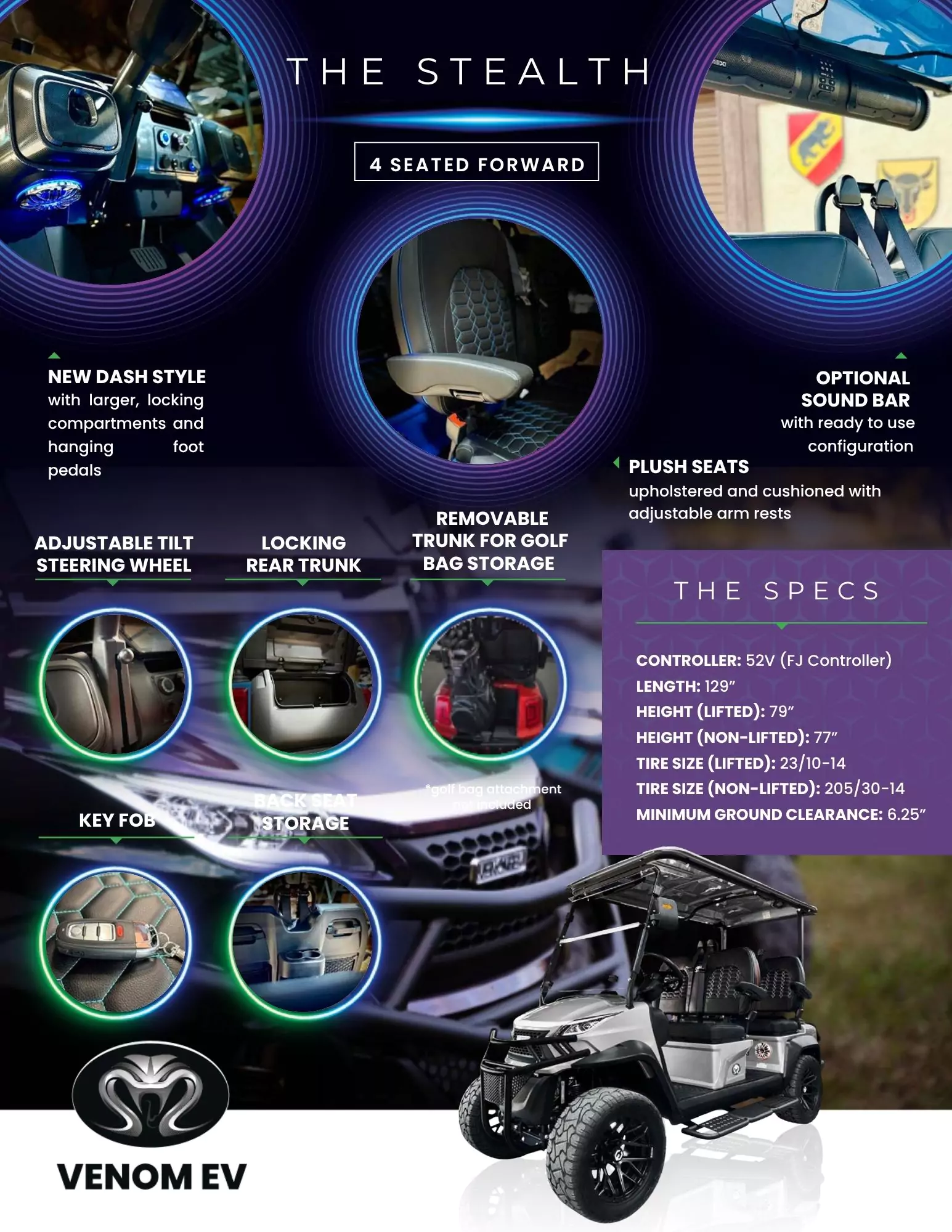 Venom EV Stealth 4-seat golf cart features overview graphic showing plush seats, adjustable steering wheel, locking rear trunk, removable golf bag storage, new dash style, sound bar option, and detailed specs.
