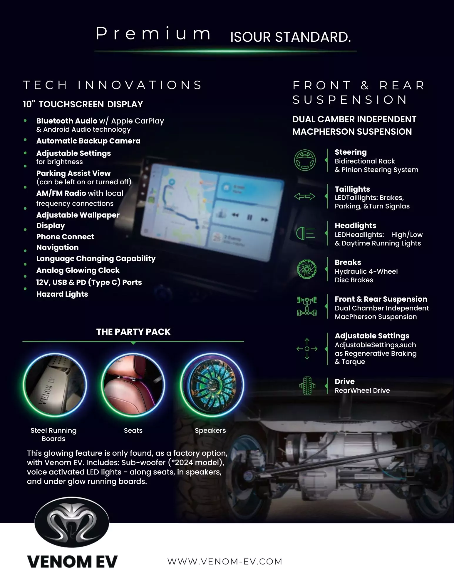 Venom EV Premium features infographic showing 10-inch touchscreen tech innovations, Bluetooth, backup camera, AM/FM radio, customizable settings, along with dual camber independent MacPherson suspension, hydraulic disc brakes, LED lighting, and party pack LED upgrades.