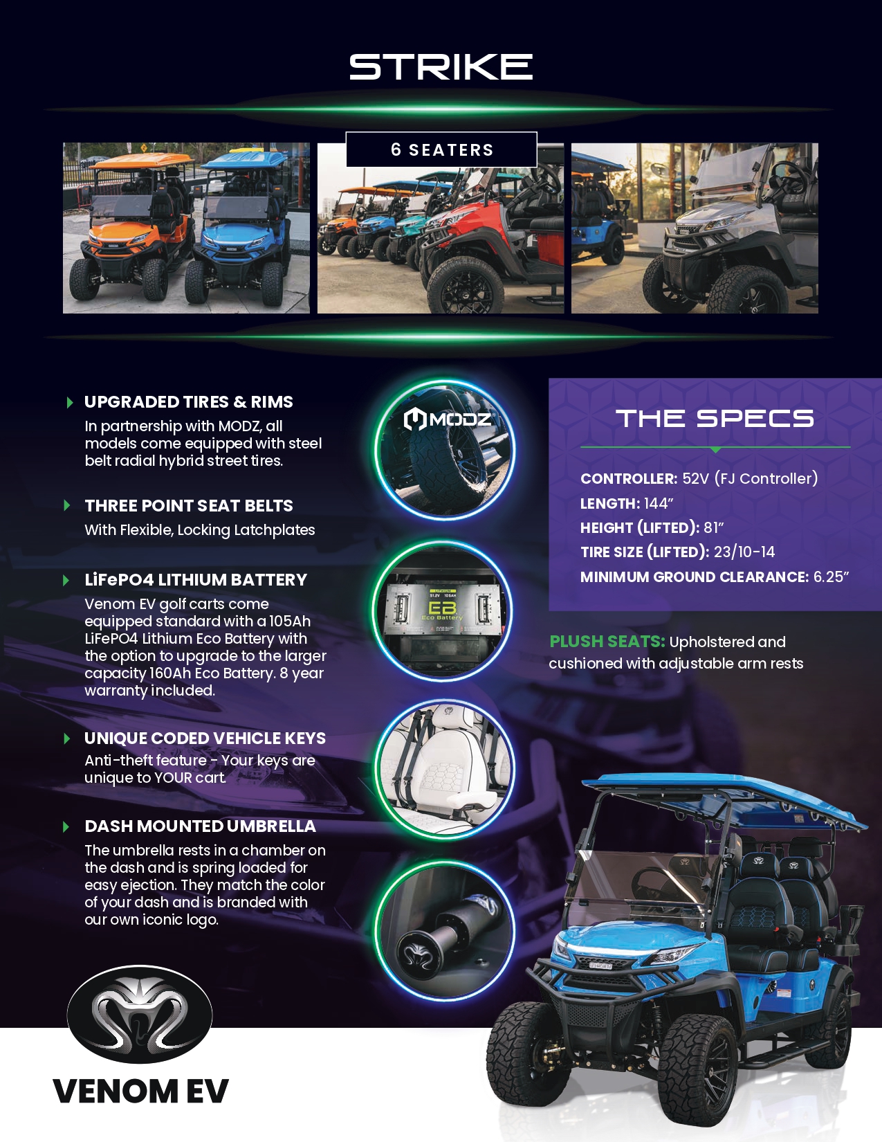 Marketing graphic for the Venom EV Strike 6-seater electric golf cart showing upgraded tires, three-point seat belts, LiFePO4 battery options, unique coded keys, dash-mounted umbrella, and full technical specs.