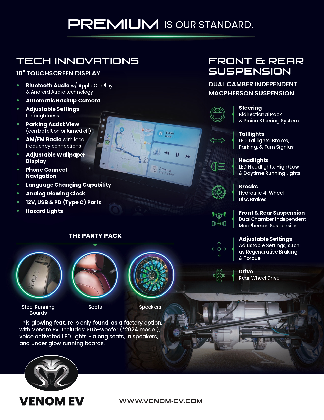 Promotional graphic for Venom EV showing touchscreen tech features, dual camber suspension details, and LED party pack options with glowing boards, seats, and speakers.