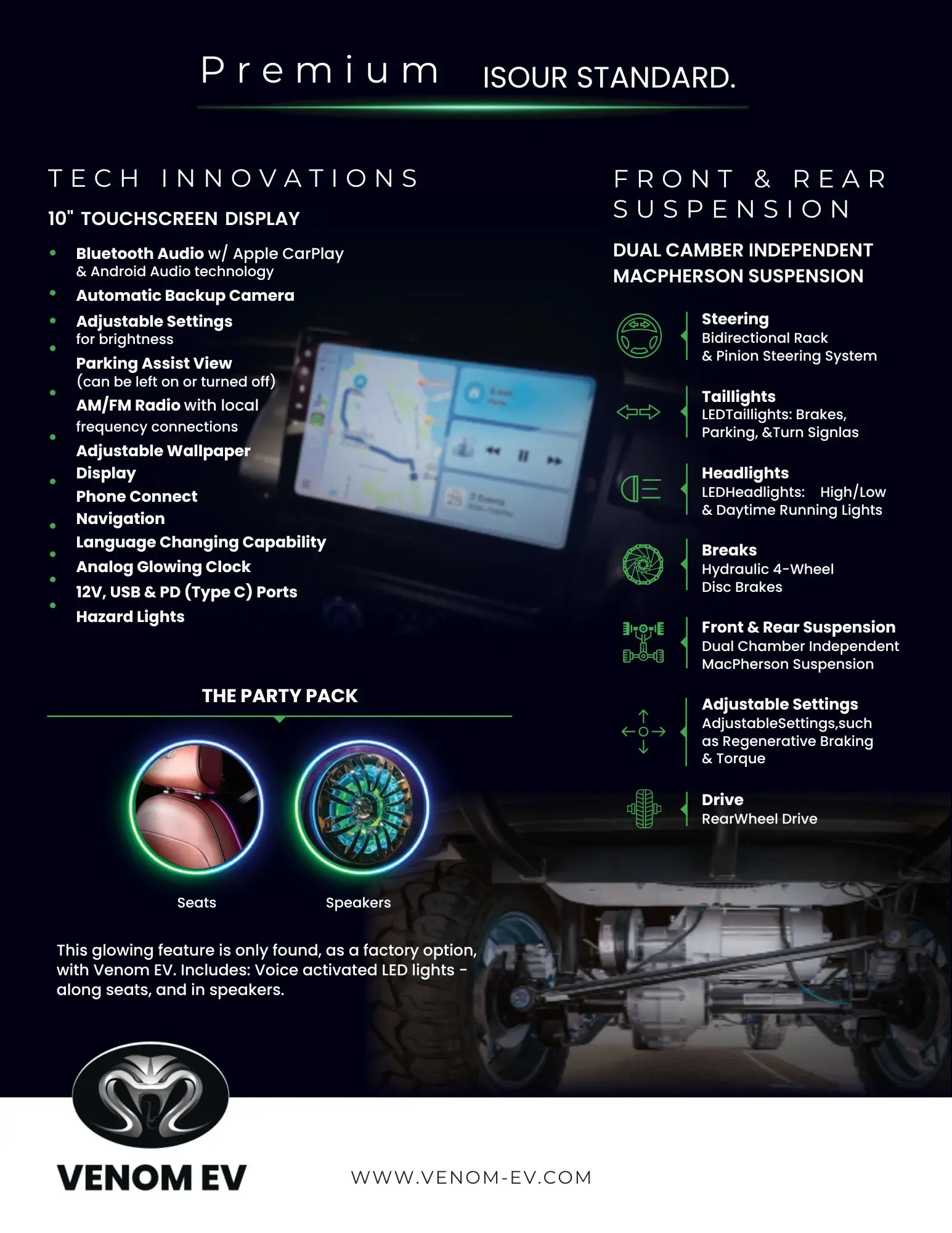 Infographic highlighting Venom Electric Vehicles premium tech innovations like a 10-inch touchscreen, Bluetooth, navigation, and backup camera. It also showcases dual MacPherson suspension, LED lighting, disc brakes, and the Venom EV Party Pack.