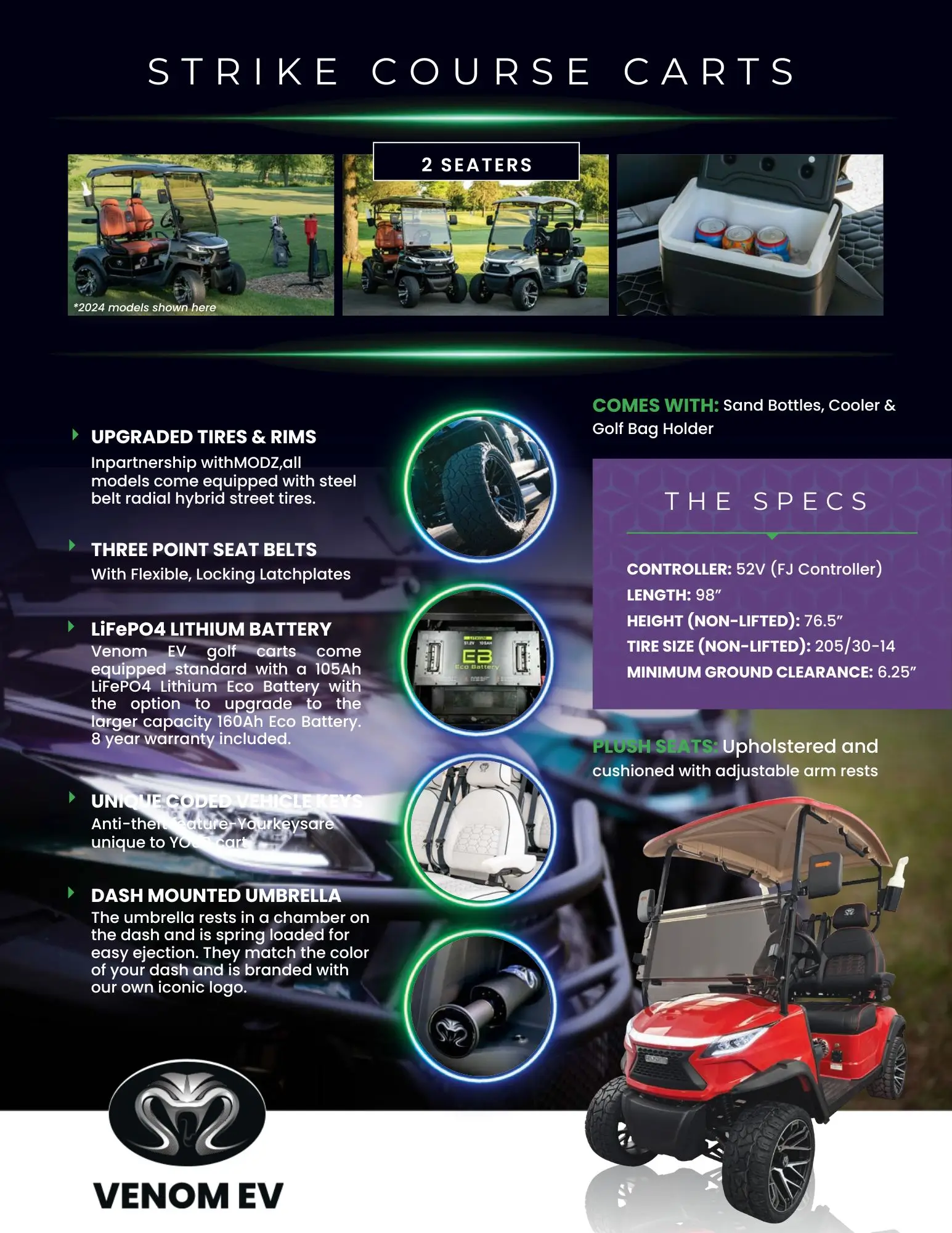 Infographic showcasing Venom Electric Vehicles Strike Course 2-seater features like upgraded tires, lithium battery, and unique vehicle keys. Includes cart specs, accessories, and an image of a red Venom EV golf cart.