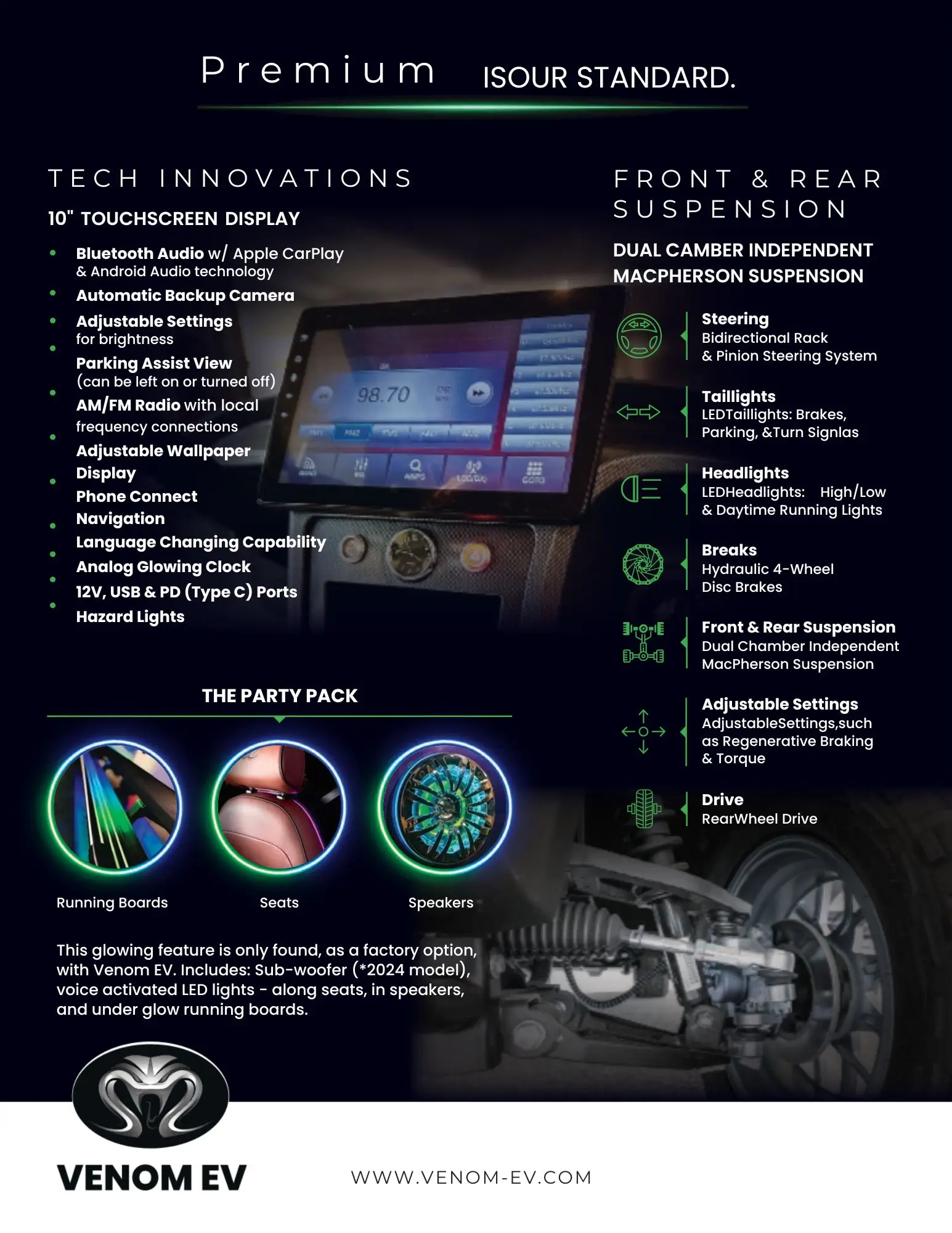 Infographic showing premium Venom Electric Vehicles features like a 10-inch touchscreen, Bluetooth, and advanced suspension. Also highlights LED lighting, disc brakes, and the Venom EV Party Pack.