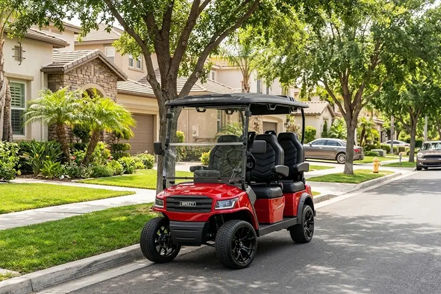 A red golf cart is parked on a quiet residential street lined with trees and houses, highlighting a clean, comfortable ride ideal for neighborhood use.