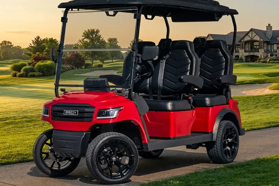 red 4 passenger golf cart parked on golf course path with modern design street legal golf cart for neighborhood and recreational use