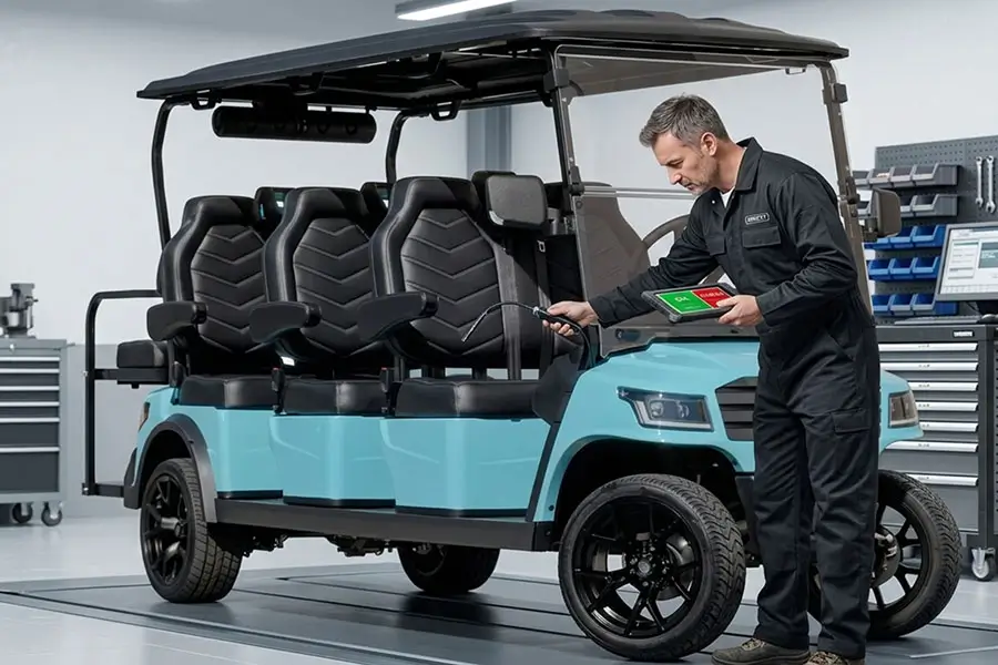 Golf cart maintenance service in Indianapolis technician inspecting battery and electrical system on modern multi-passenger golf cart in repair shop