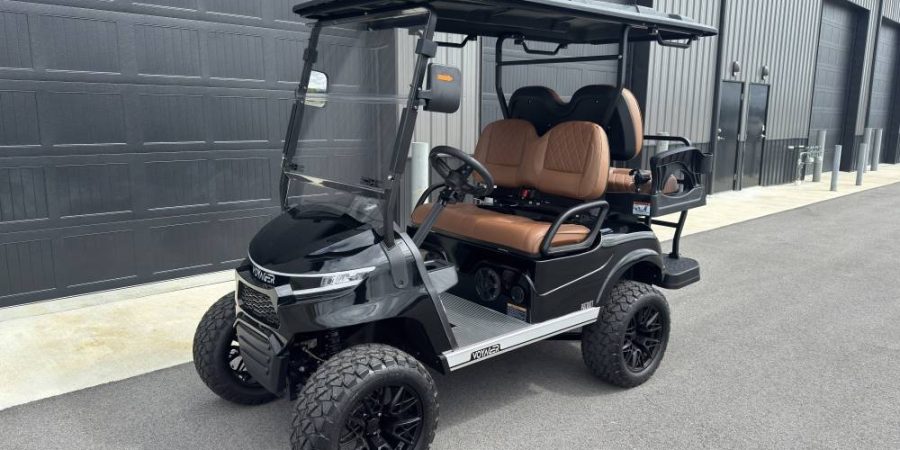 Black Voyager 4 electric golf cart with brown diamond-stitched seats for sale at Hurricane Golf Carts.